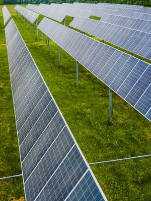 Solar modules on green field in photovoltaic station