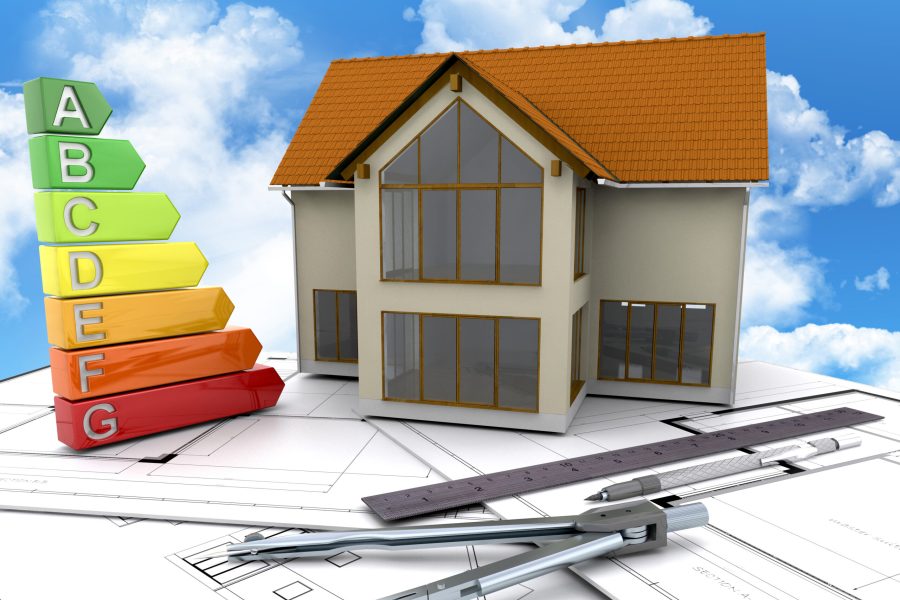 3D render of a house on plans against a blue cloudy sky