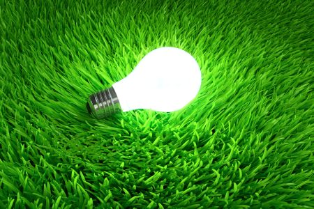Glowing light bulb hanging above grass symbol of ecological energy